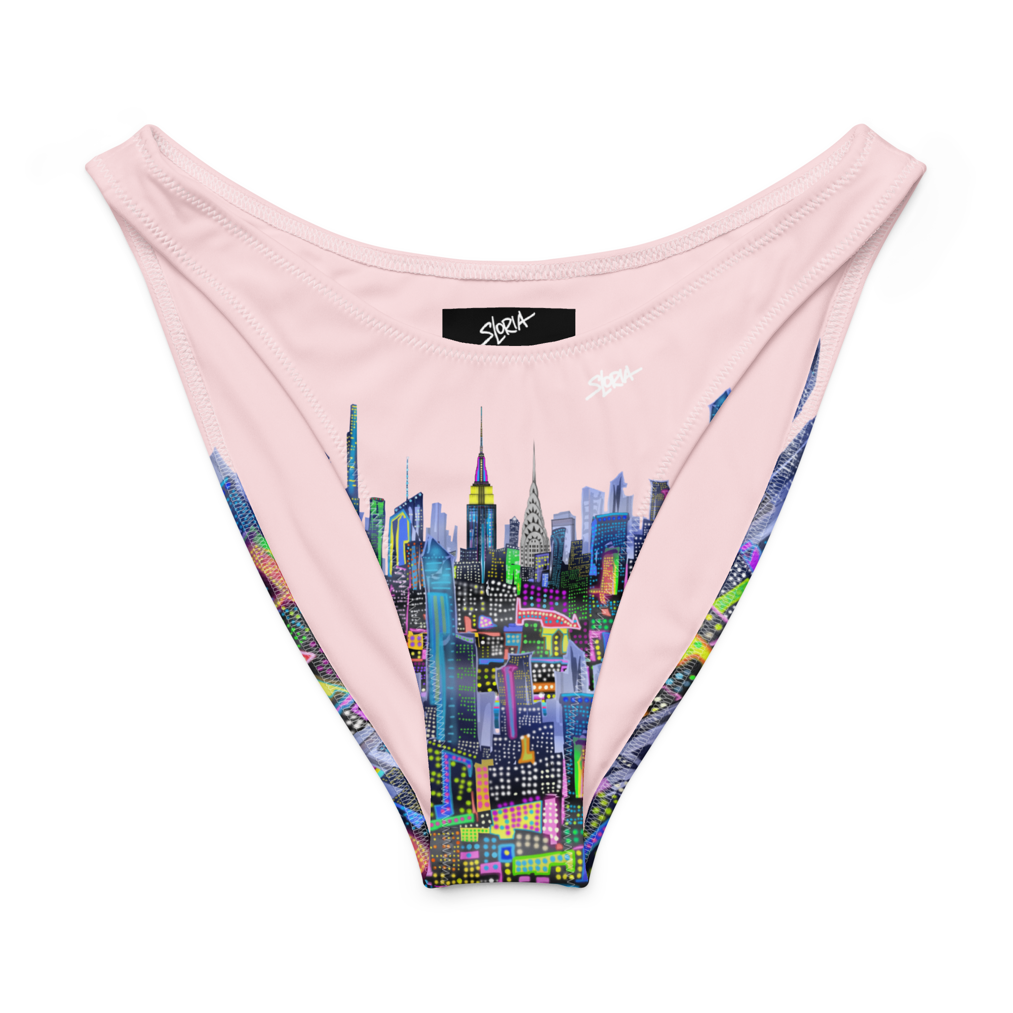 Pink underwear with colorful Loria NYC Art cityscape design on a white background