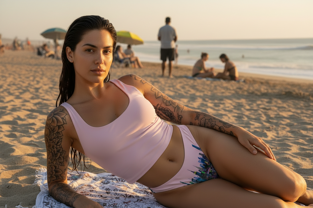 Woman in a pink Loria NYC Art bikini sitting on a beach with people in the background