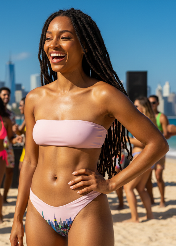 Women laughing wearing a pink Loria NYC Art pink bikini bottom with the skyline in the background.