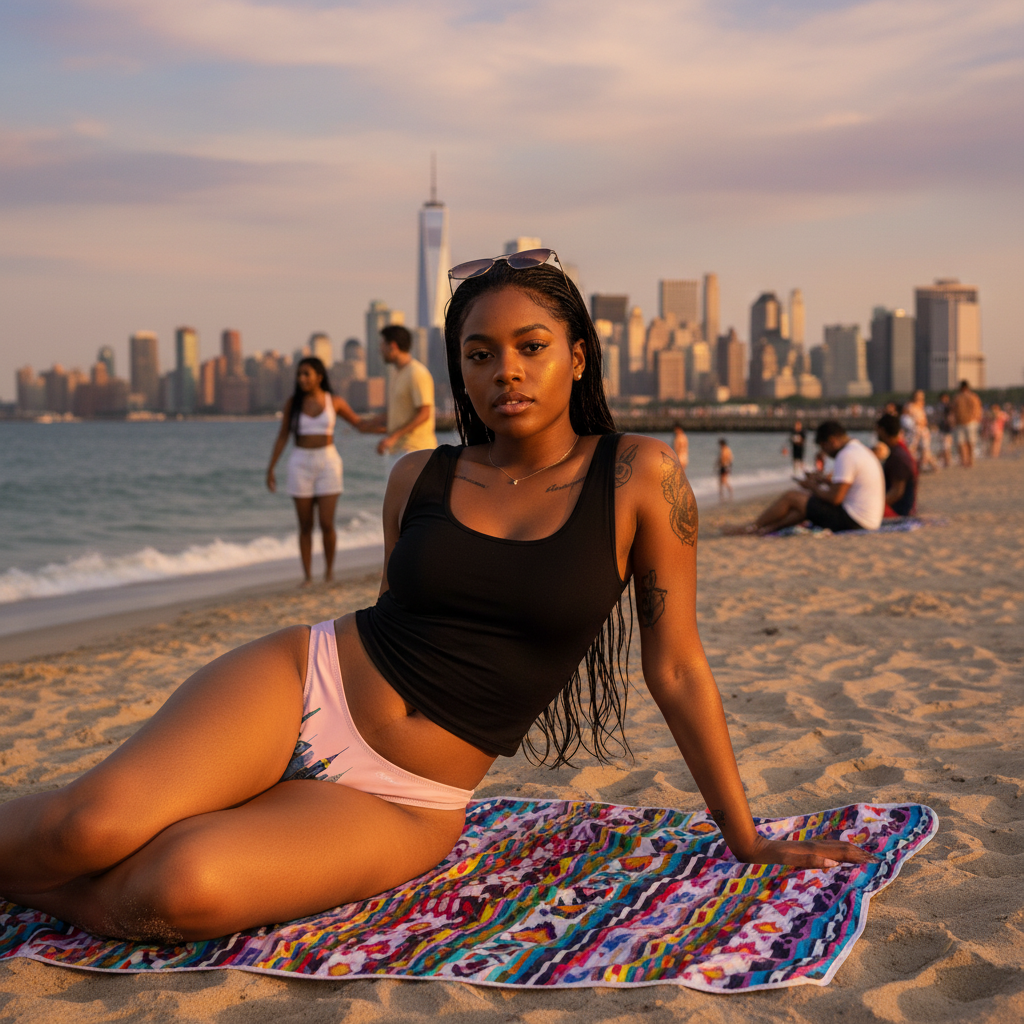 Woman in a black Loria NYC Art swimsuit sitting on a colorful towel with a city skyline in the background.