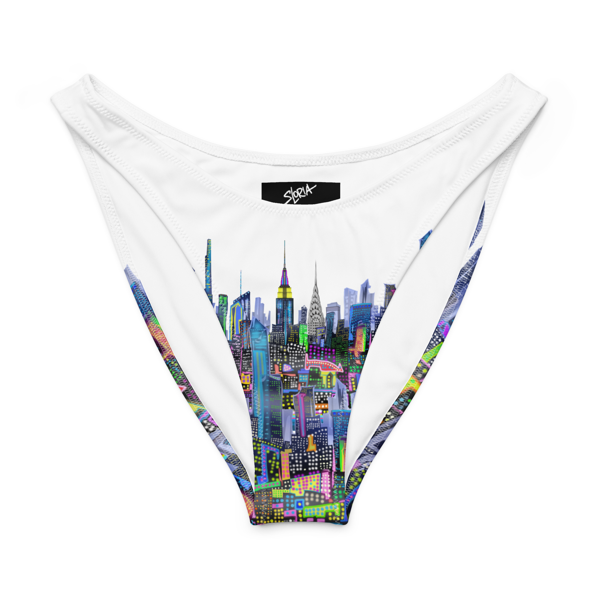 Pink underwear with colorful cityscape Loria NYC Art design on a white background