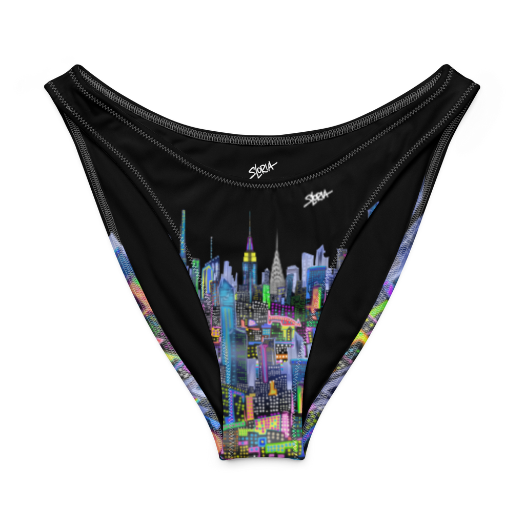 Black bikini bottom with colorful cityscape Loria NYC Art design on a white background