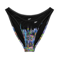 Black bikini bottom with colorful cityscape Loria NYC Art design on a white background