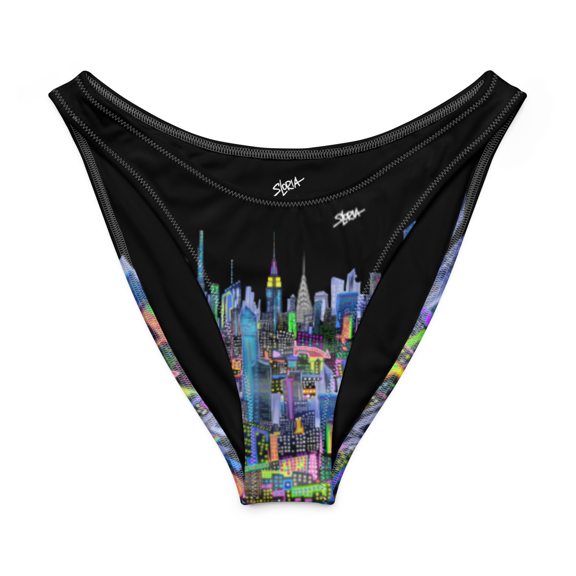 Black bikini bottom with colorful cityscape Loria NYC Art design on a white background