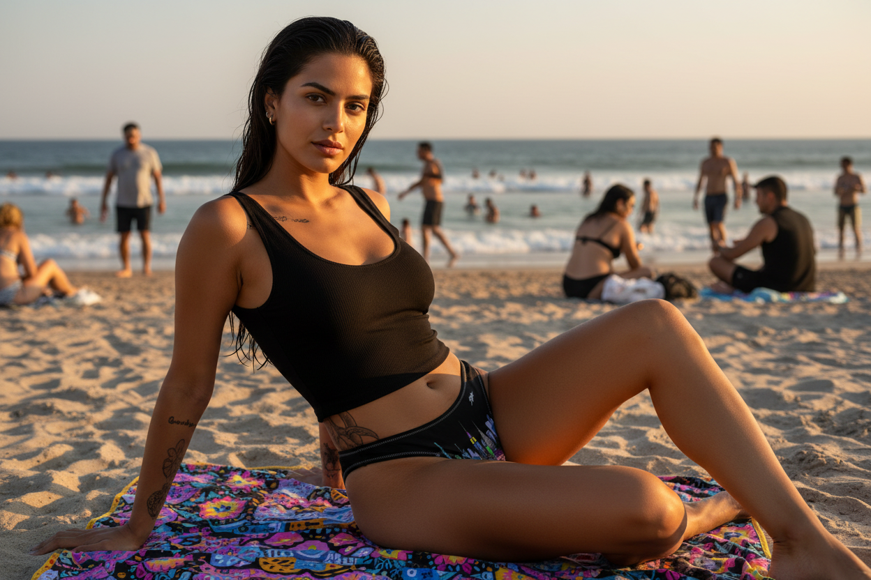 Woman in black Loria NYC Art swimsuit sitting on a colorful towel at the beach with people in the background.