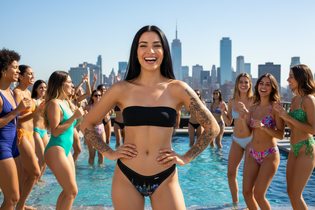Front view of a Women with black hair on a roof top wearing a black top and a Loria NYC Art colorful bikini bottom with cityscape design.