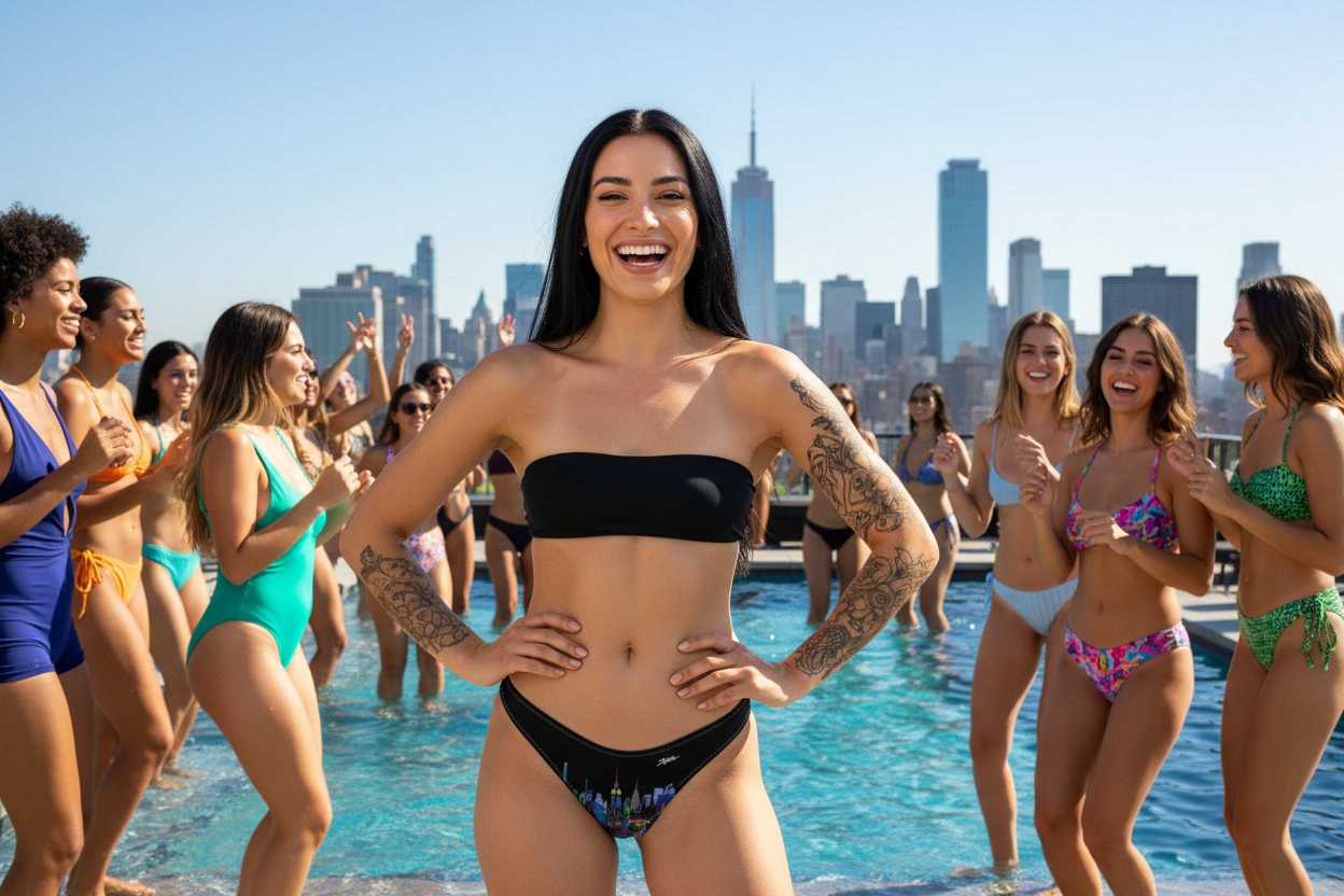 Front view of a Women with black hair on a roof top wearing a black top and a Loria NYC Art colorful bikini bottom with cityscape design.