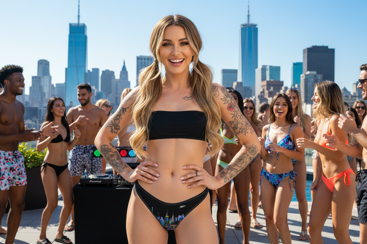 Women smiling with blond hair on a roof top wearing a black top and a Loria NYC Art colorful bikini bottom.