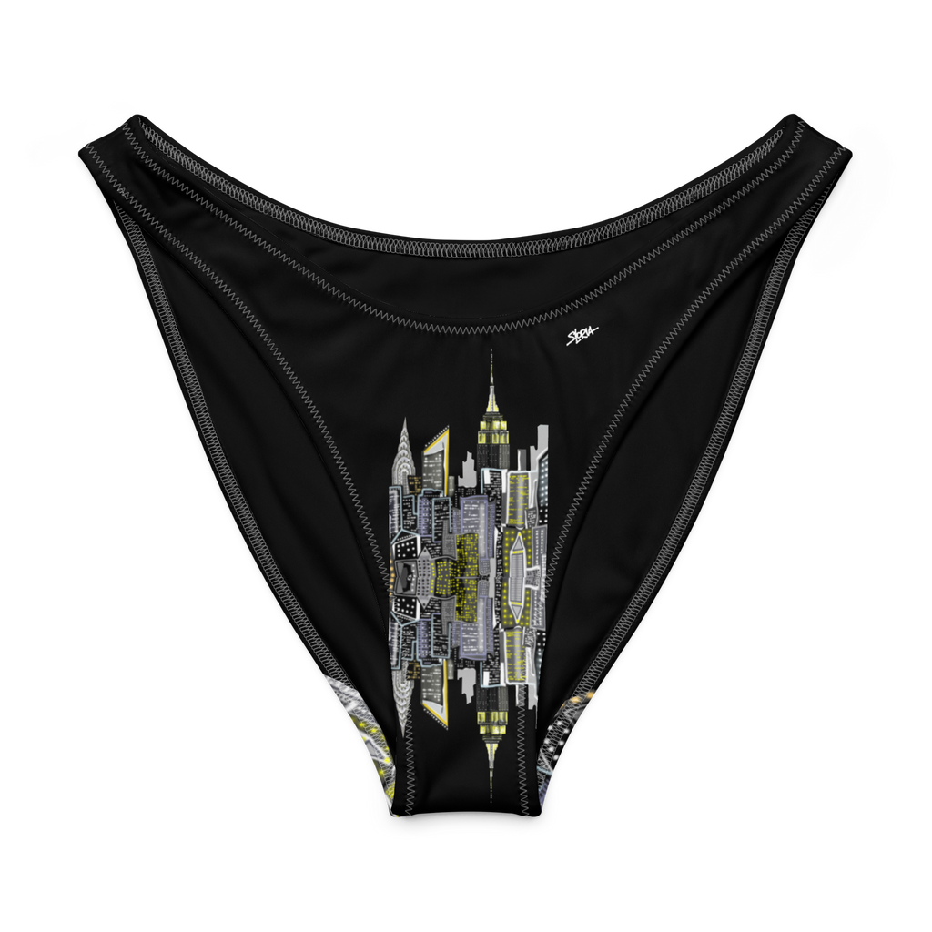 Black swim brief with cityscape Loria NYC Art design on a white background