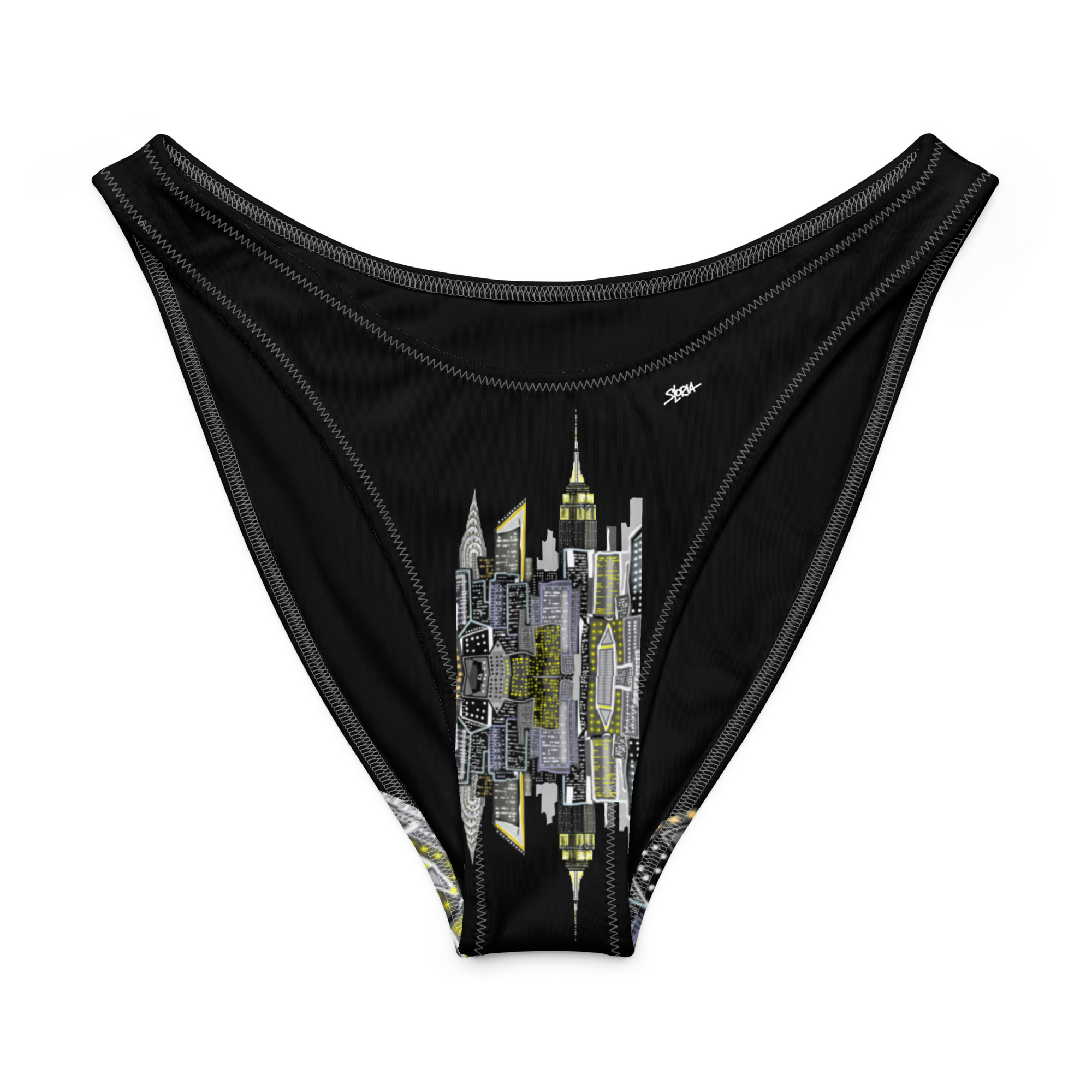 Black swim brief with cityscape Loria NYC Art design on a white background