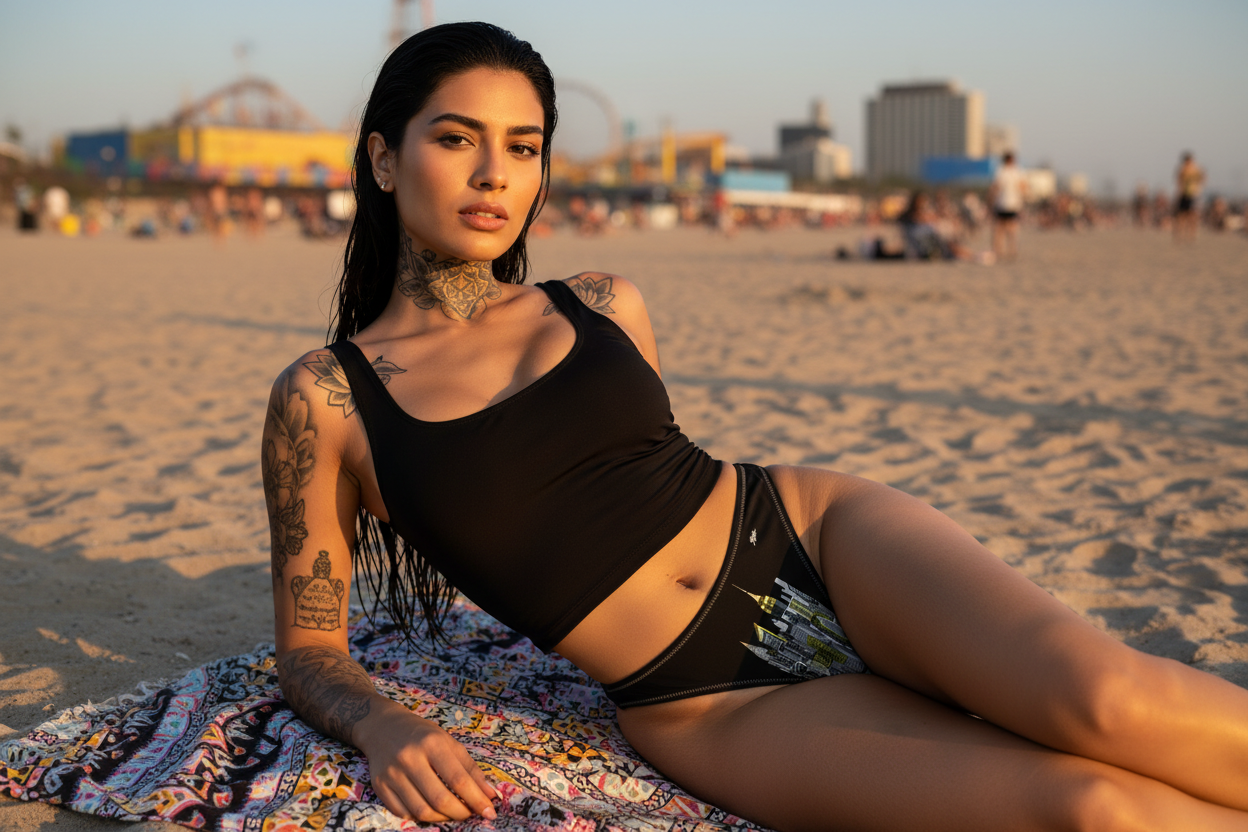 Woman in a black Loria NYC Art swimsuit lying on a towel at the beach with a city skyline in the background