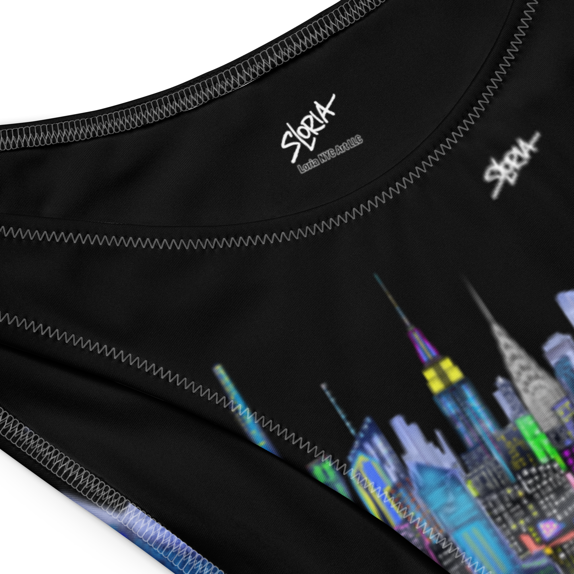 Black underwear with colorful Loria NYC Art cityscape design and 'SLoria' branding.