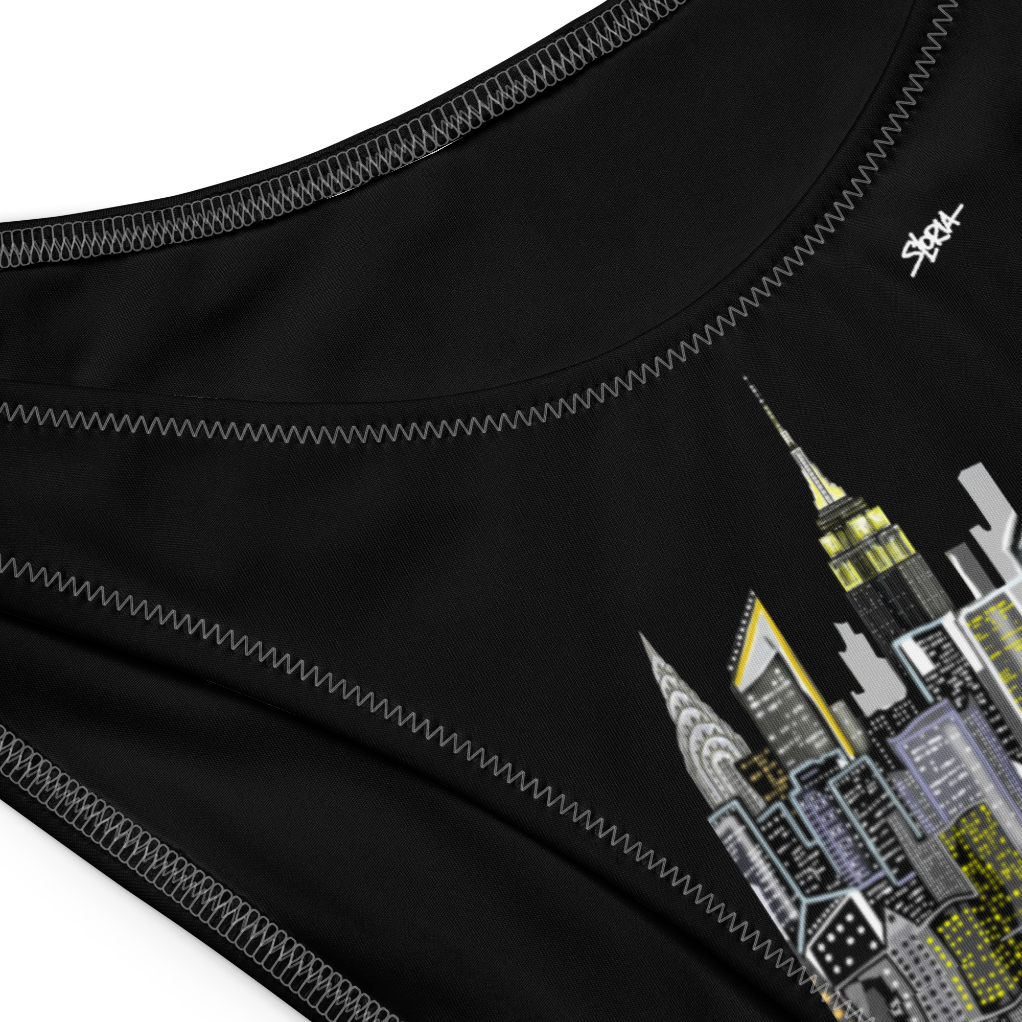 Black underwear with a cityscape Loria NYC Art design on a white background