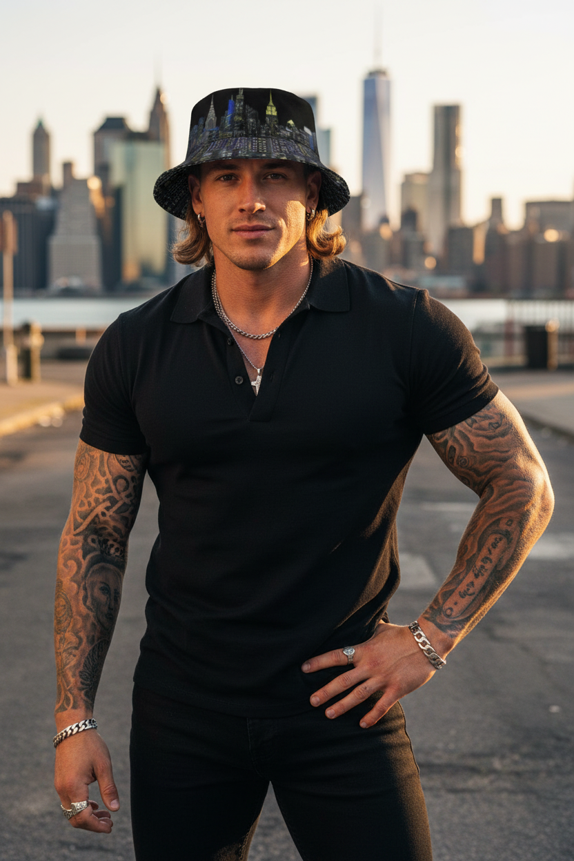Man in black Loria NYC Art hat and black outfit with tattoos standing in front of a city skyline