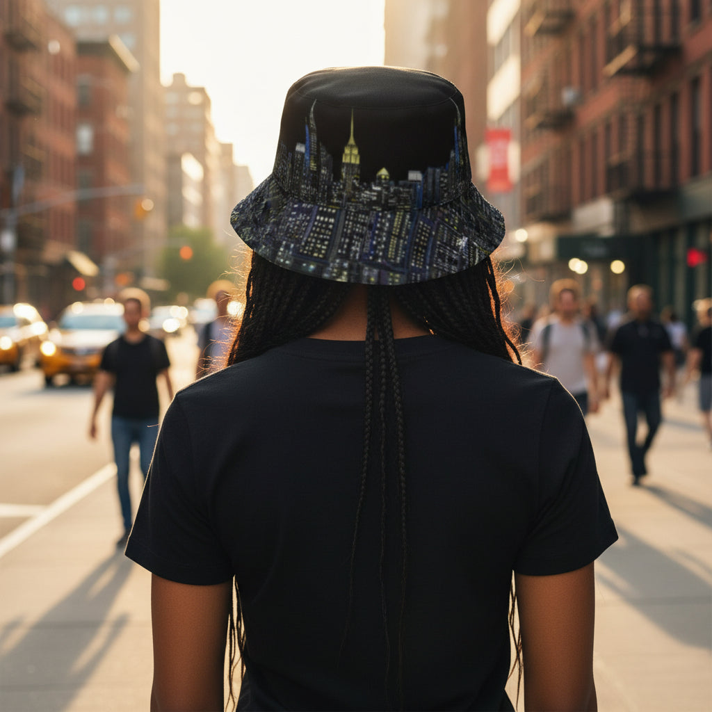 Person wearing a Loria NYC Art black bucket hat with cityscape design on a busy street.