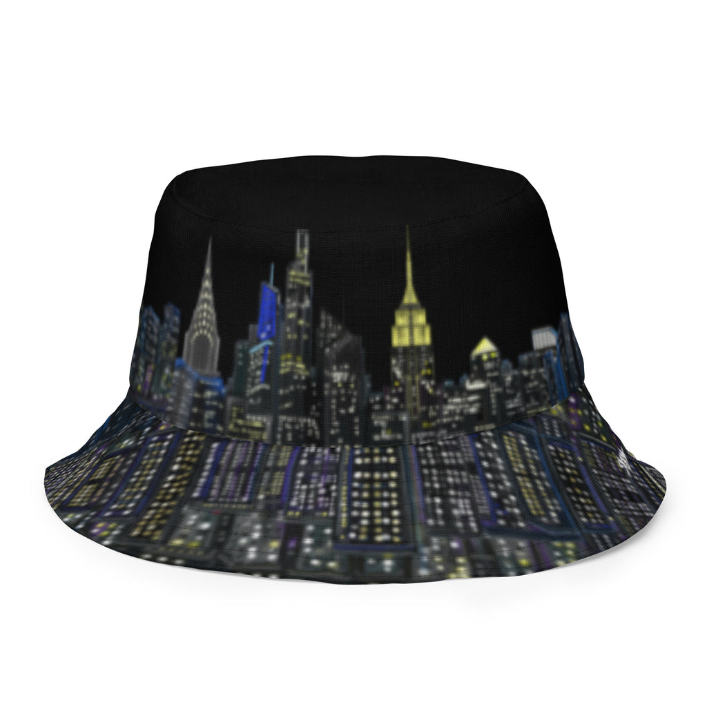 Black side of Reversible Bucket Hat with  Città Sole e Bosco Moody NYC skyline on both sides in different settings designed by S. Loria NYC Art