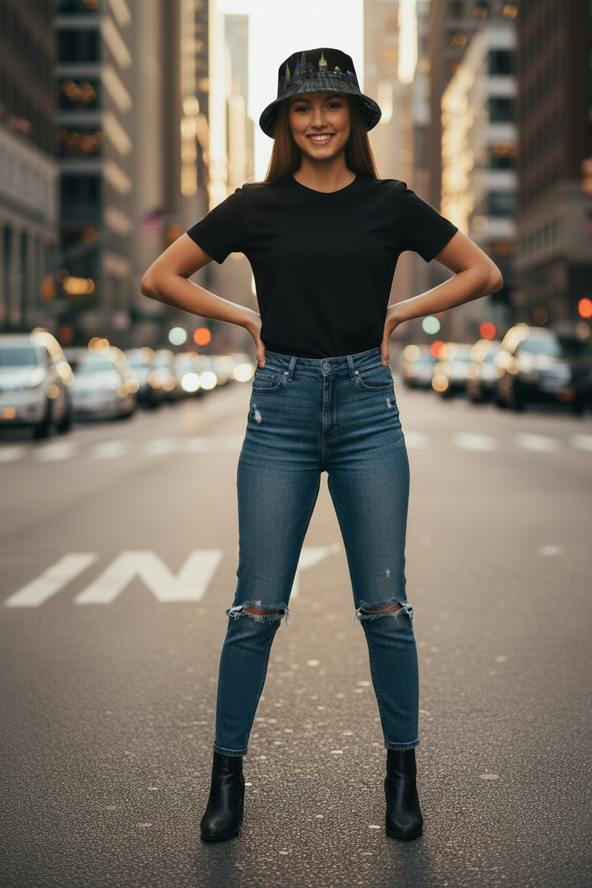 Person wearing a black t-shirt, blue jeans, and a black Loria NYC Art bucket hat standing on a city street.
