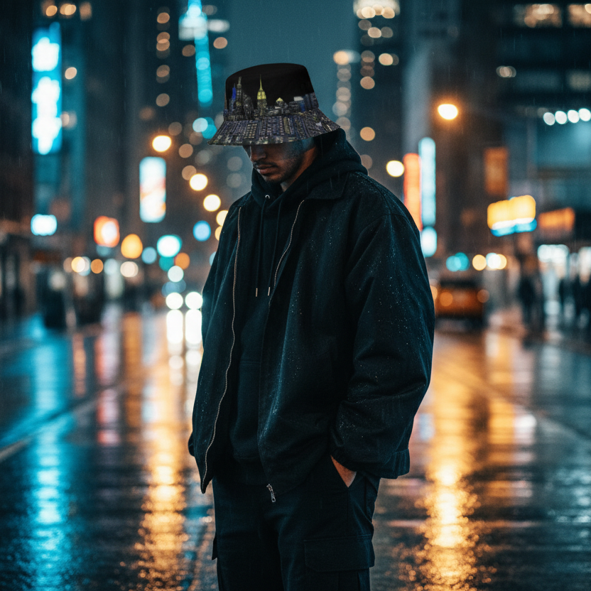 Person wearing a Loria NYC Art bucket hat, standing on a rainy city street at night with illuminated buildings in the background