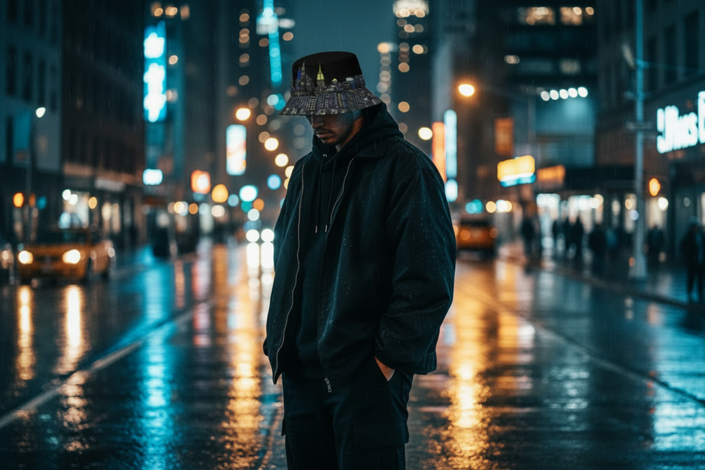 Person wearing a dark outfit and Loria NYC Art hat on a rainy city street at night.