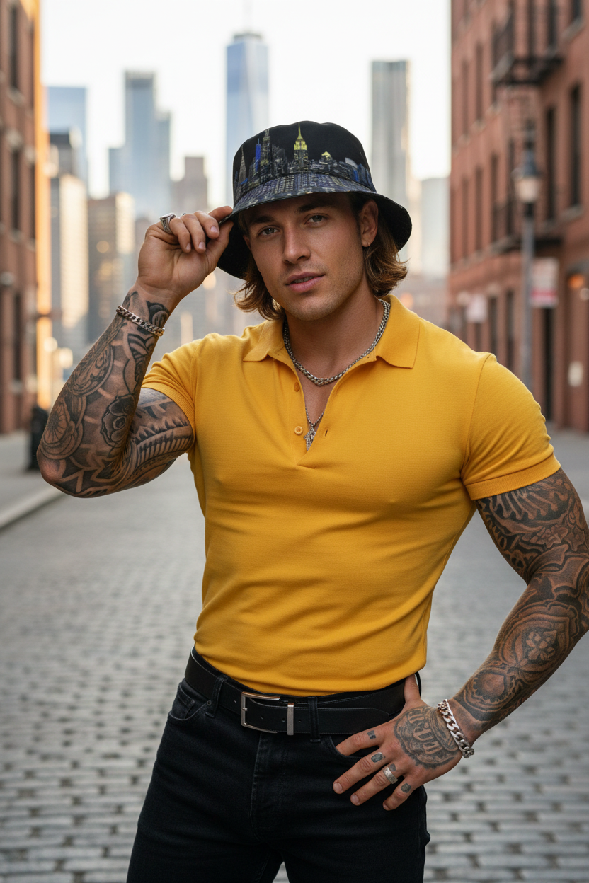 Man wearing a yellow shirt and black Loria NYC Art hat in an urban setting