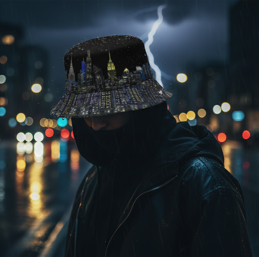 Person wearing a bucket Loria NYC Art hat with cityscape design in a rain-soaked street at night.