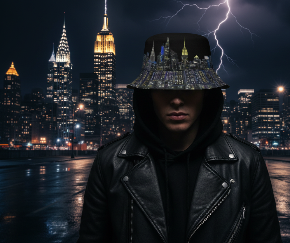Person wearing a bucket Loria NYC Art hat with cityscape design against a dark city skyline at night.