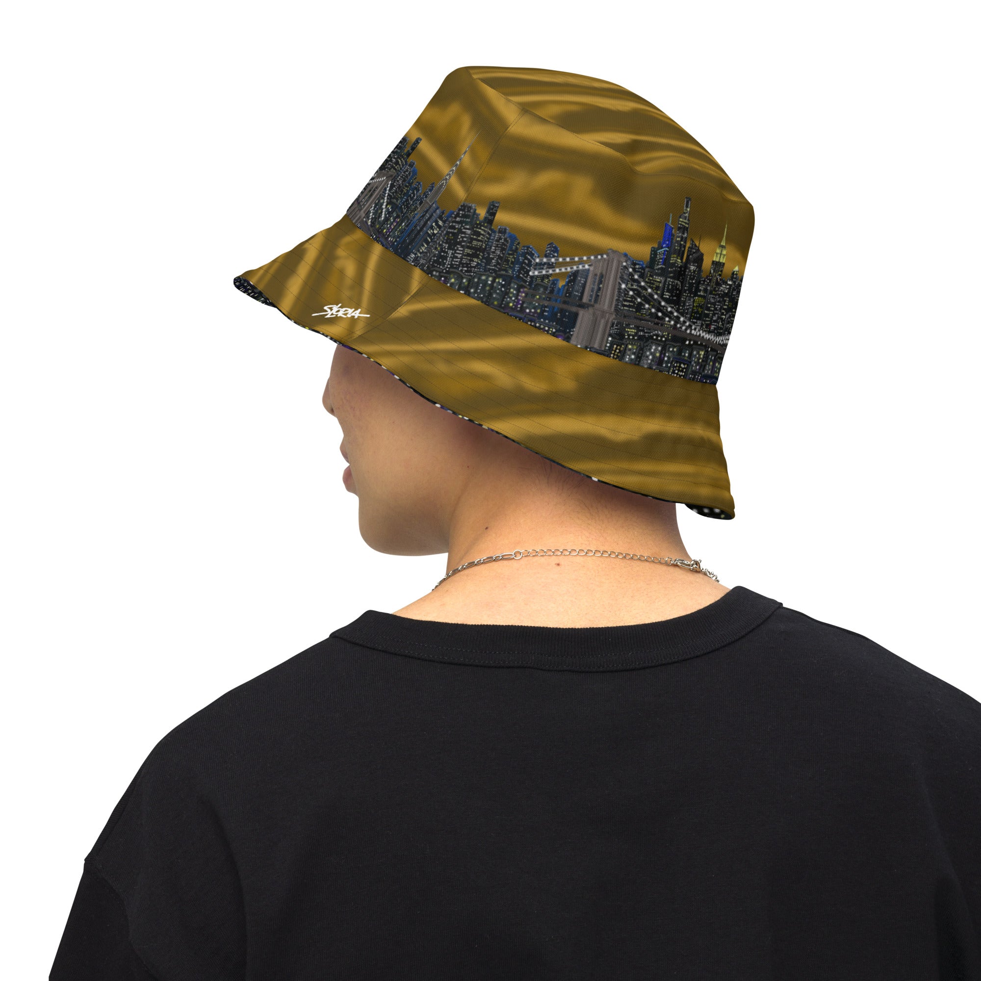 Men modeling Reversible Bucket Hat Città D’Oro e Notte Brown Black designed by Loria NYC Art 