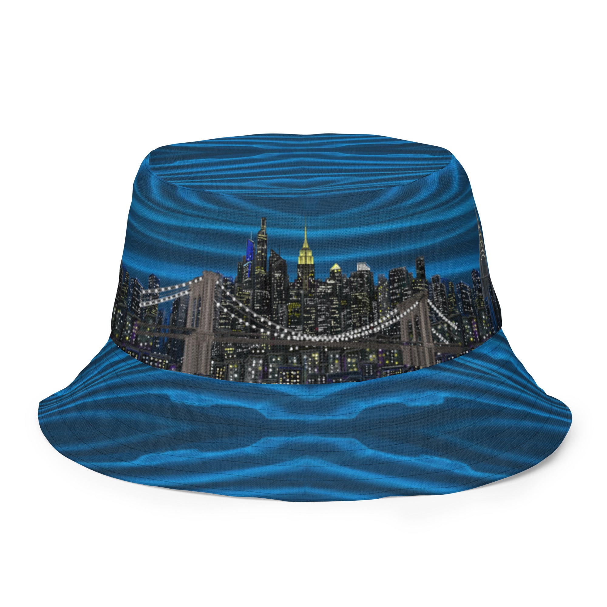 Bucket hat with a cityscape Loria NYC Art design featuring a bridge and skyline on a blue background