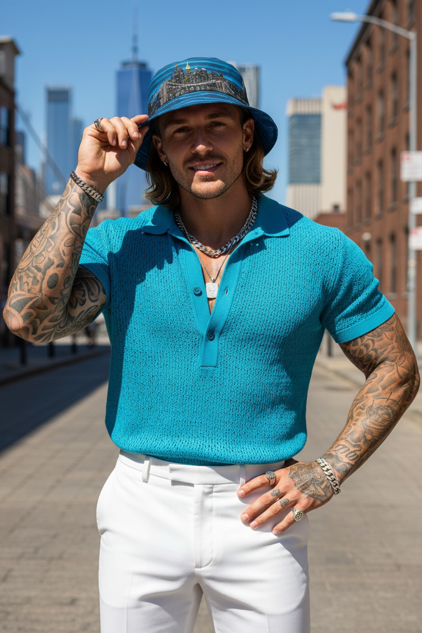 Man wearing a blue shirt and Loria NYC Art hat with tattoos, standing on a city street.