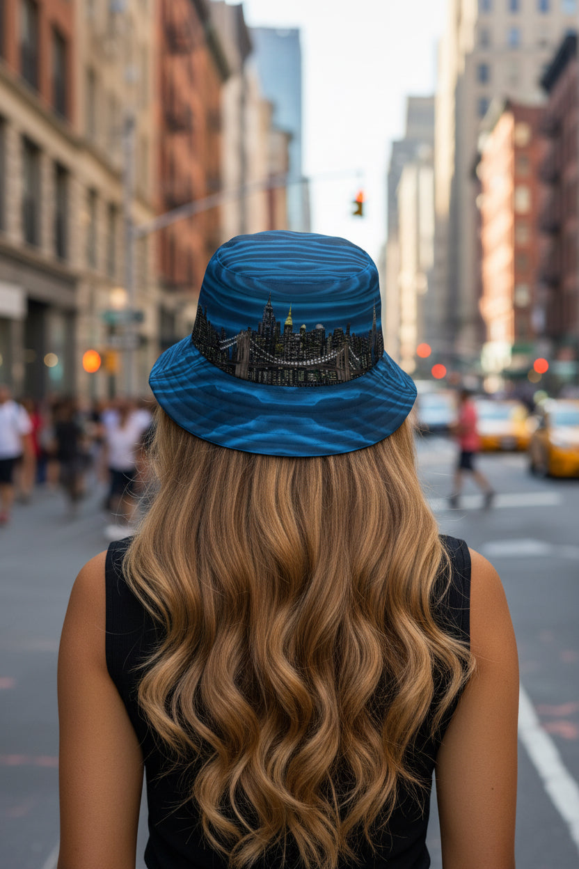 Person wearing a blue Loria NYC Art hat on a white background