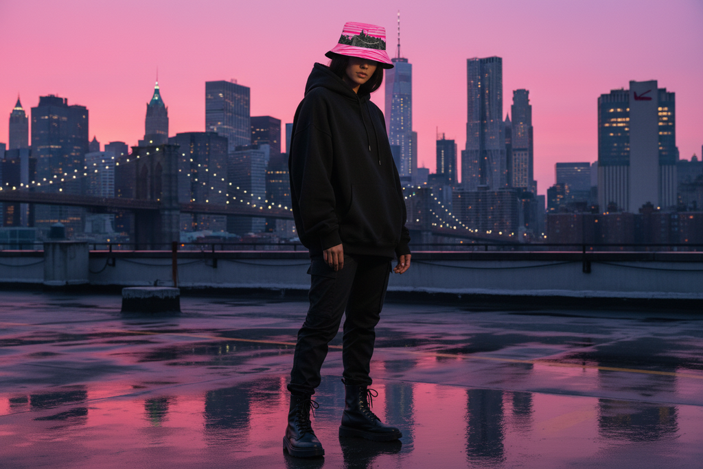 Person wearing a black hoodie and colorful Loria NYC Art hat standing on a rooftop with a city skyline in the background during sunset.