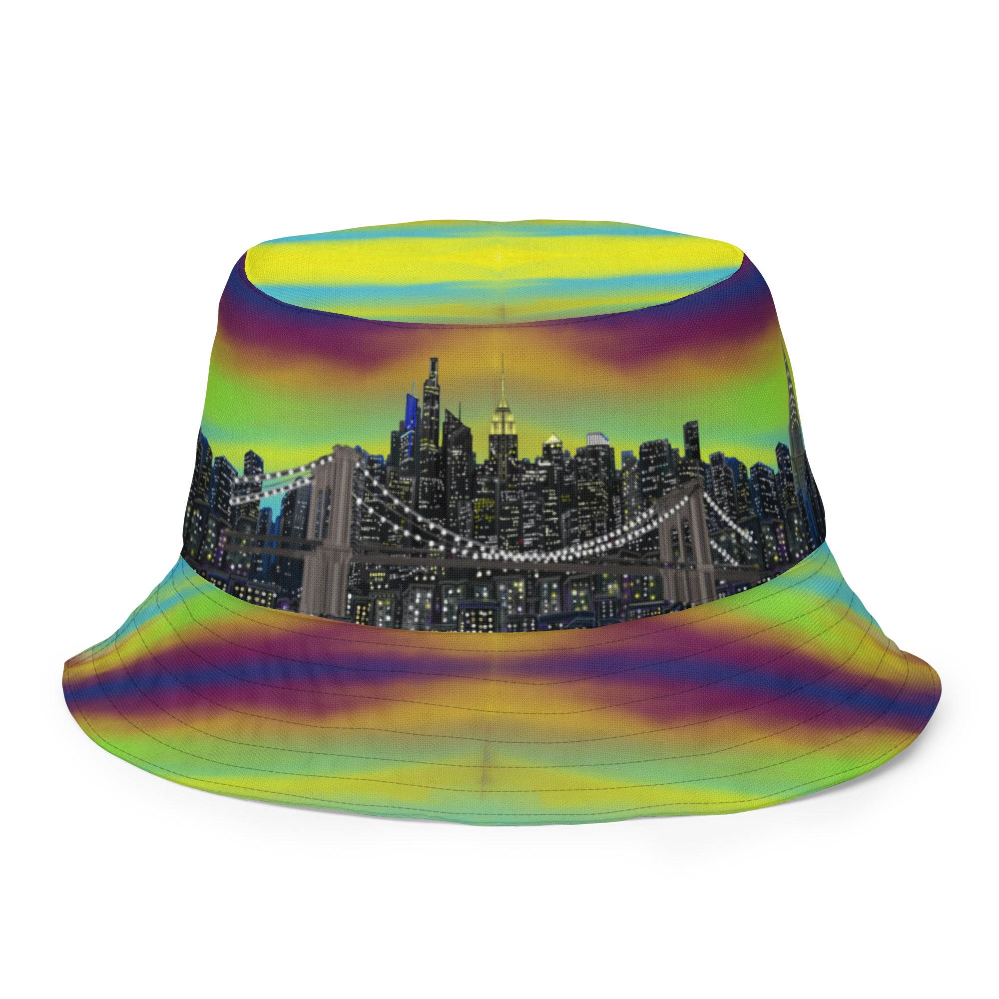 Reversible Bucket Hat with  Città Sole e Bosco Moody NYC skyline on both sides in different settings designed by S. Loria NYC Art