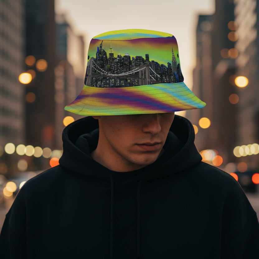 Person wearing a colorful bucket Loria NYC Art hat with a cityscape design on a city street at night.
