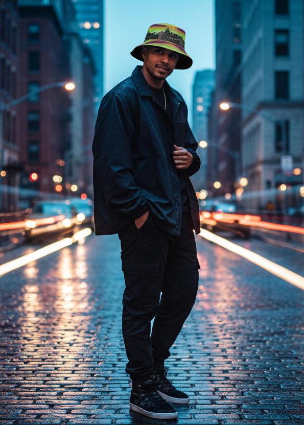 Person wearing a Loria NYC Art bucket hat standing on a city street at night with lights streaking through the air