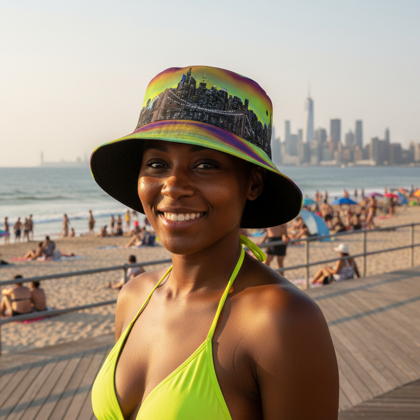 Woman in a colorful Loria NYC Art bucket hat and yellow bikini top standing on a beach boardwalk with a city skyline in the background.