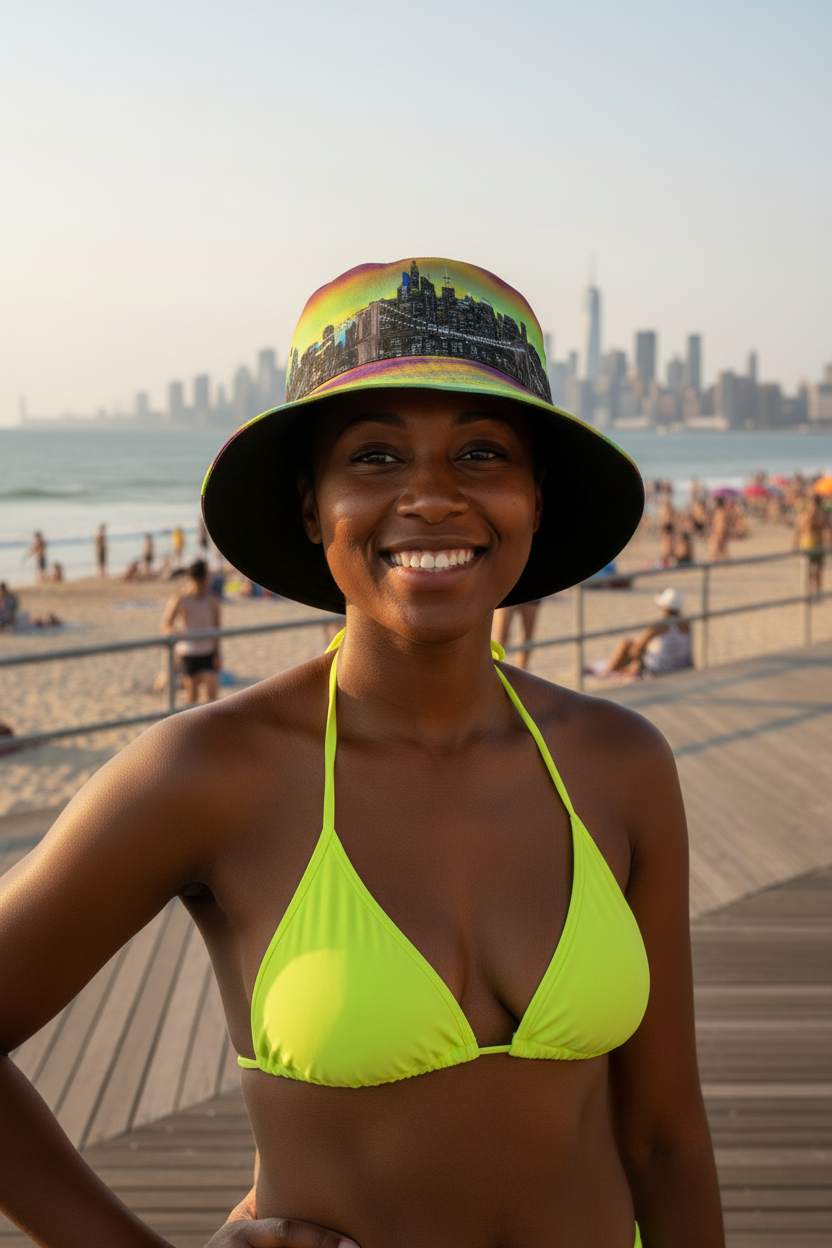 Woman in a bright green bikini and Loria NYC Art colorful bucket hat on a beach with a city skyline in the background.