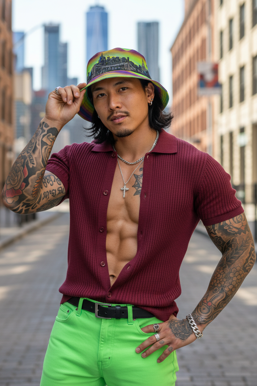 Man wearing a Loria NYC Art colorful hat, maroon shirt and bright green pants with tattoos, standing in an urban setting.