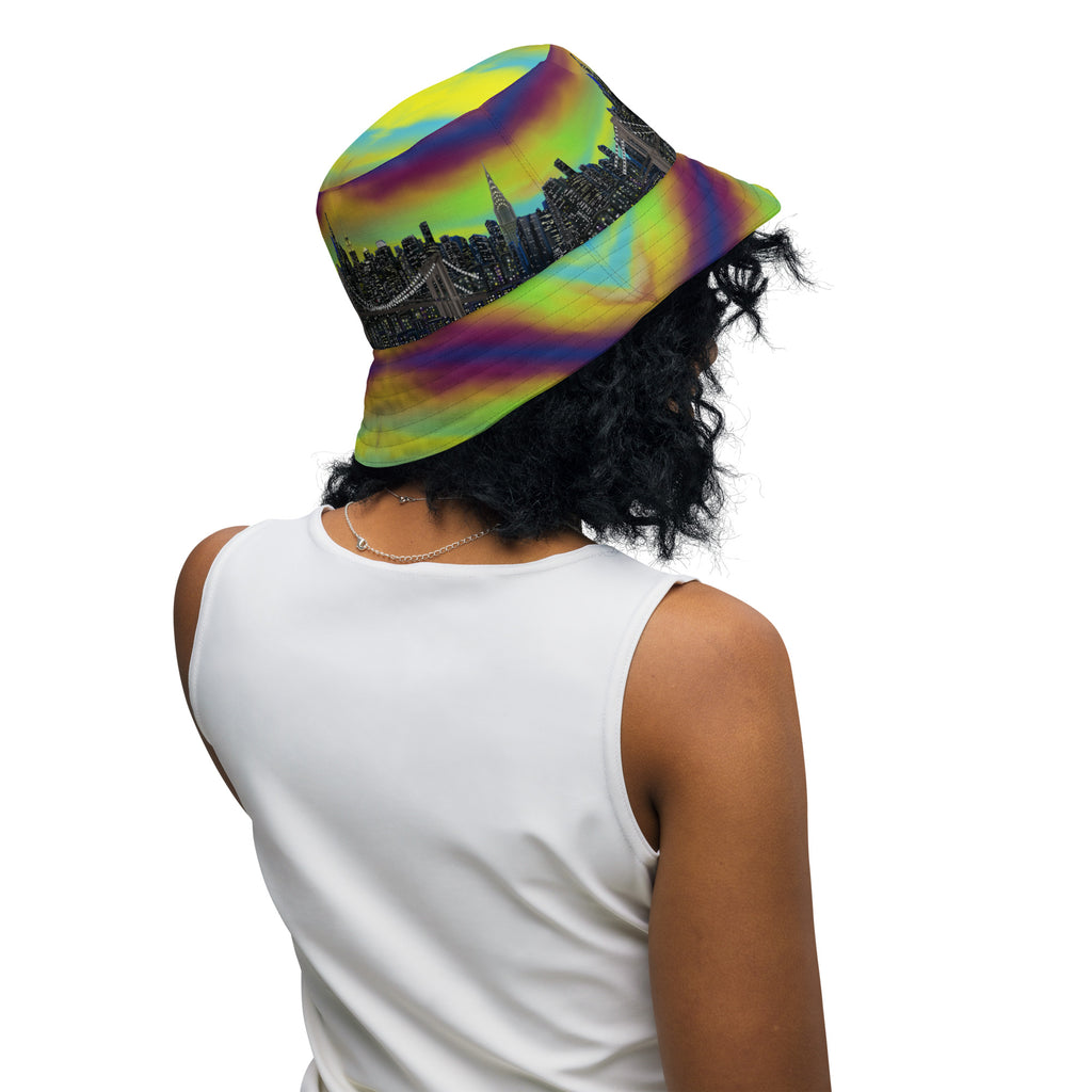 Women wearing a Reversible Bucket Hat with  Città Sole e Bosco Moody NYC skyline on both sides in different settings designed by S. Loria NYC Art