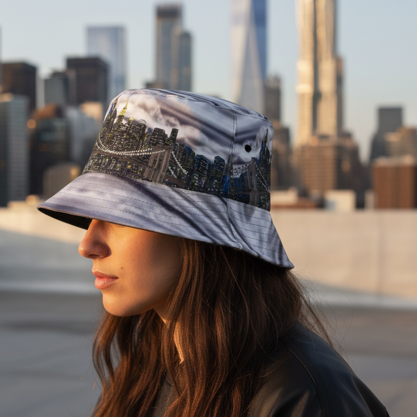 Person wearing a bucket Loria NYC Art hat with a cityscape design, standing on a rooftop with a city skyline in the background.