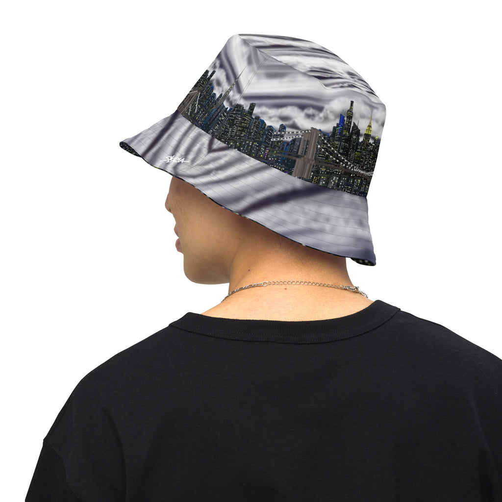 Man wearing Reversible Bucket Hat with Città Tempesta e Notte NYC Skyline designed by S. Loria NYC Art