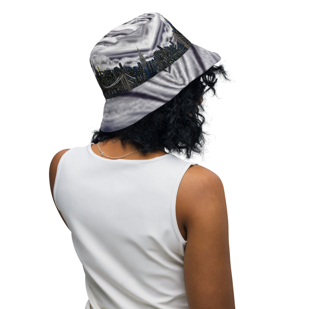 Women posing in  Reversible Bucket Hat with Città Tempesta e Notte NYC Skyline designed by S. Loria NYC Art