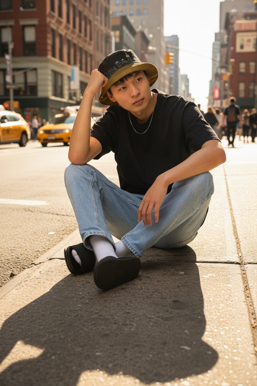 Person wearing a black t-shirt, light blue jeans, and a Loria NYC Art bucket hat on a white background