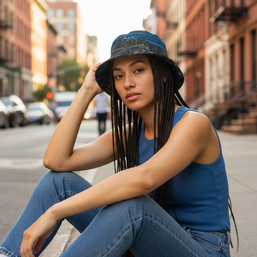 Person wearing a black t-shirt, blue jeans, and a Loria NYC Art bucket hat on a white background