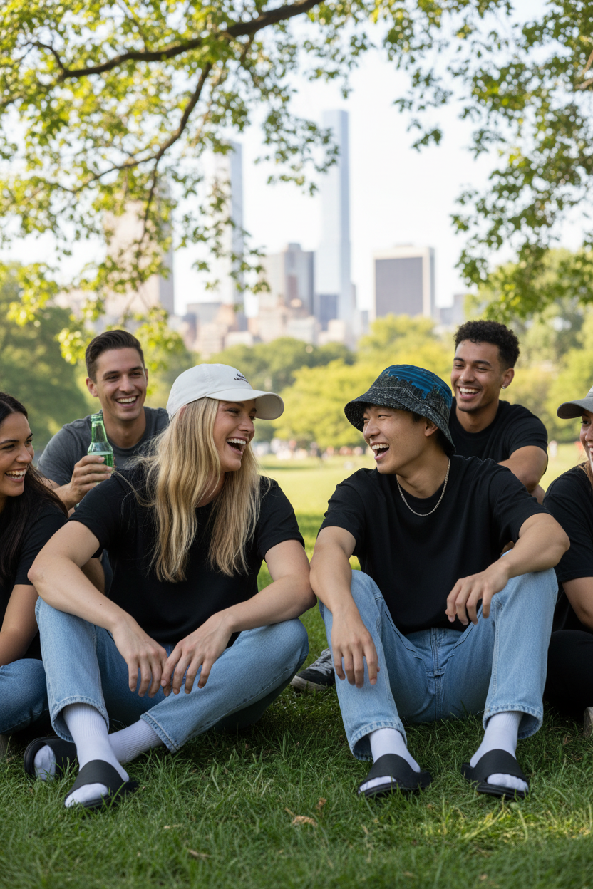Man wearing blue Loria NYC Art bucke hat with a group of friends sitting on grass with a city skyline in the background