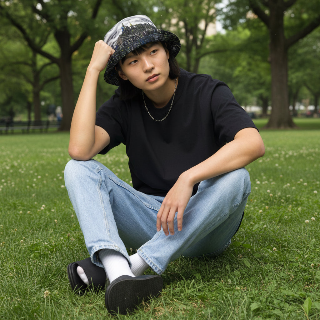 Man sitting and posing in  Reversible Bucket Hat with NYC Skyline designed by Loria NYC Art