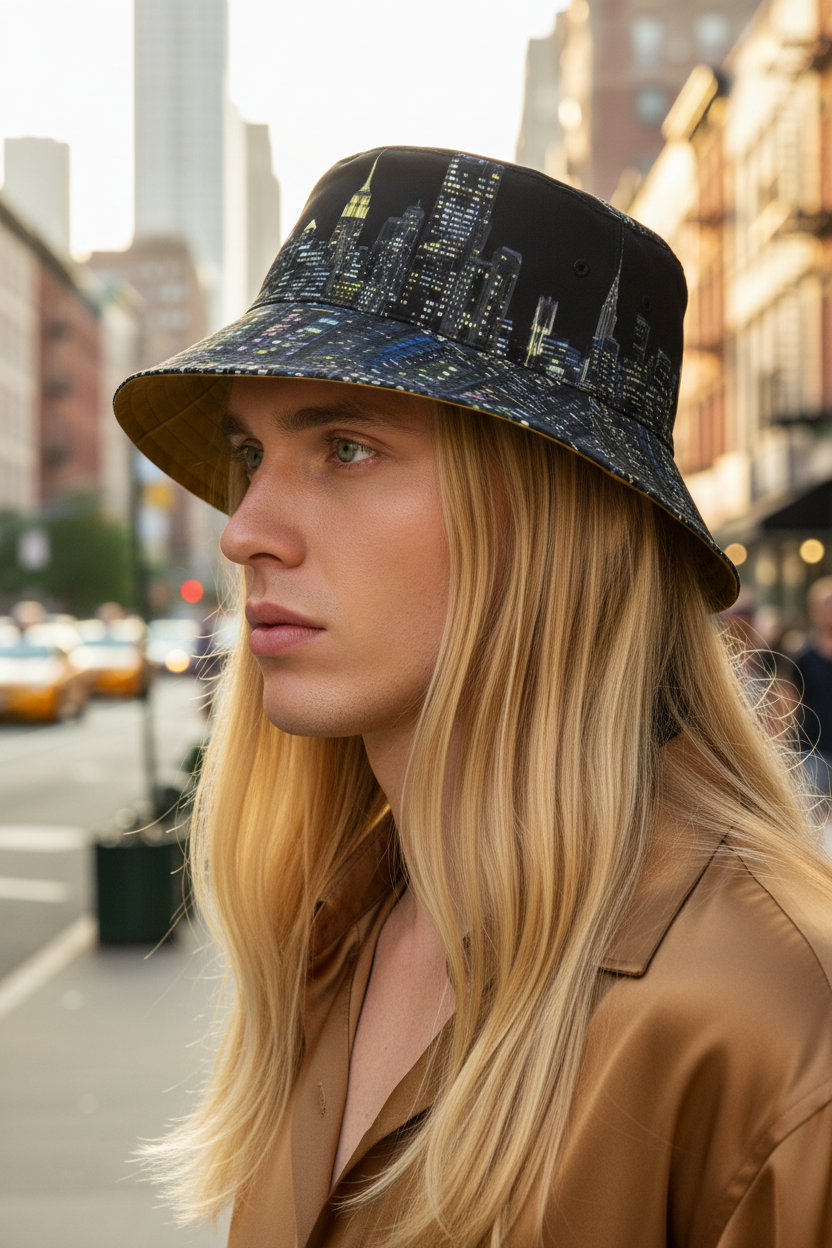 Person wearing a bucket hat with a cityscape Loria NYC Art design on a city street.