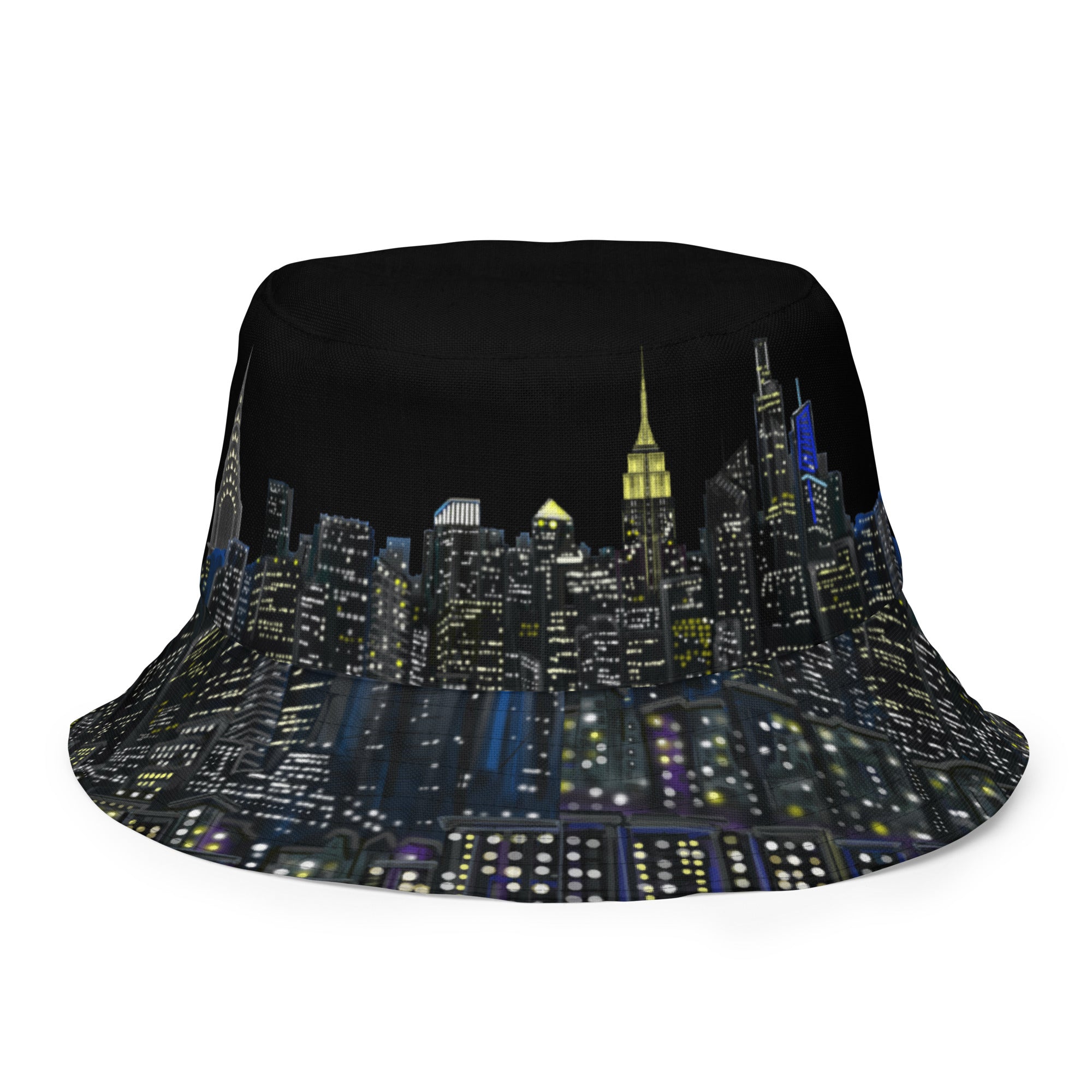 Reversible Bucket Hat Brown showing the Black side designed by Loria NYC Art on a white background