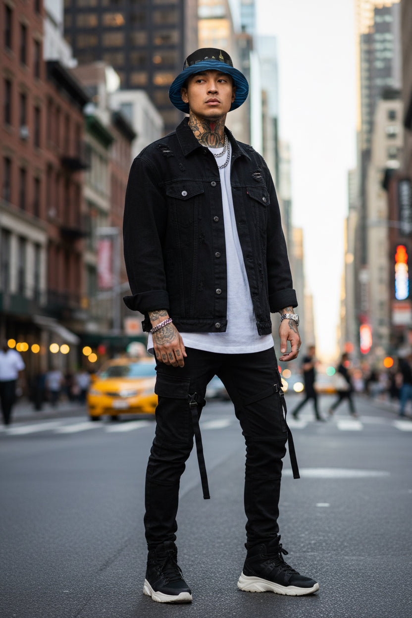 Person wearing a Loria NYC Art blue bucket hat with a black band on a white background