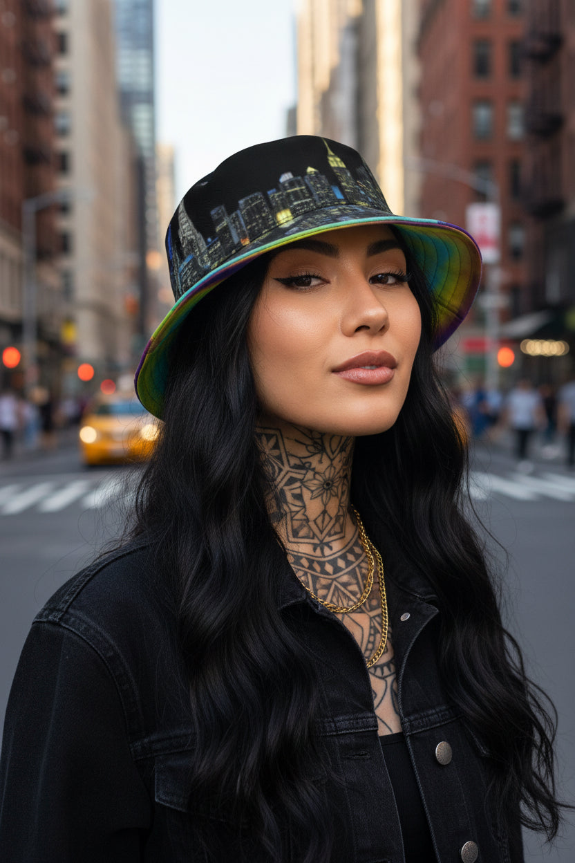 Female wearing a Reversible Bucket Hat with NYC skyline on both sides with Loria NYC Art designs.
