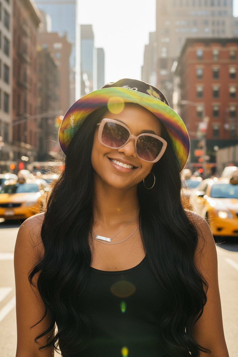 Women wearing a Reversible Loria NYC Art Bucket Hat with Moody NYC skyline on both sides in an urban setting.